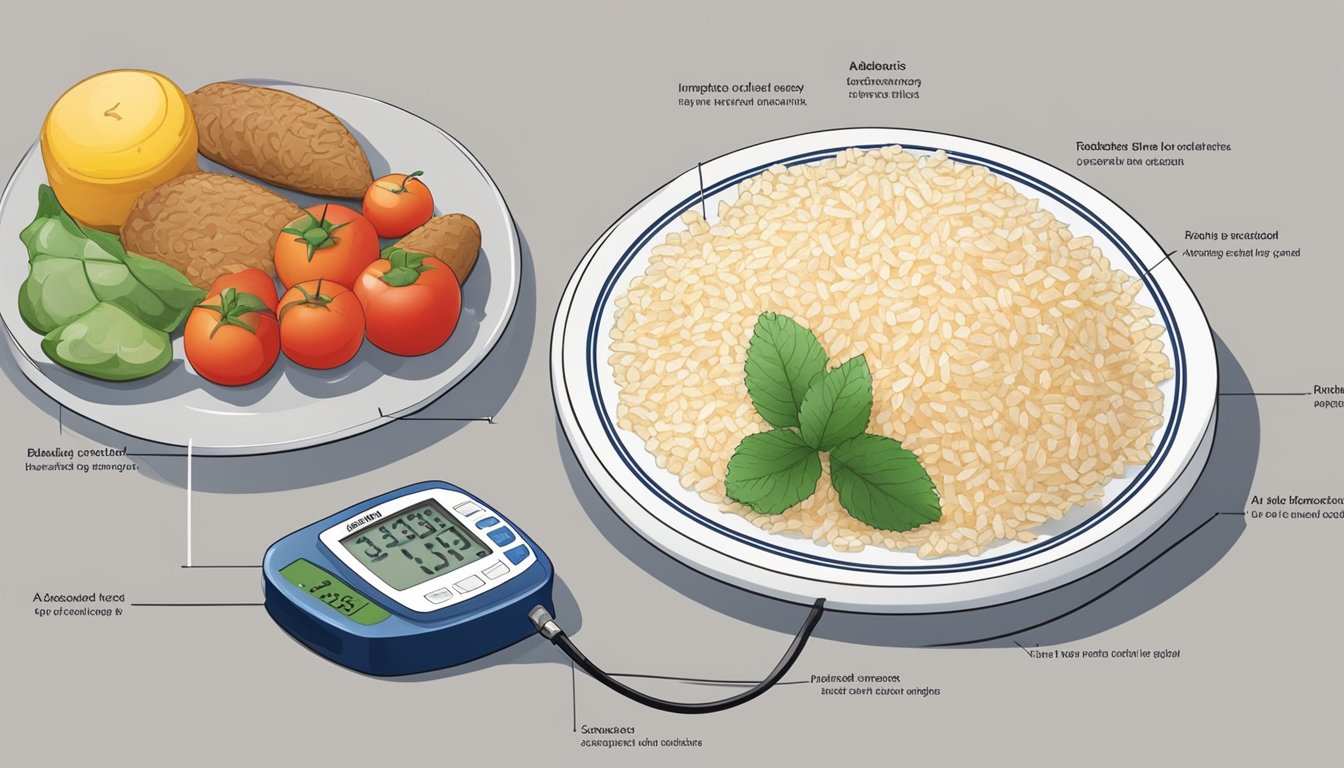 A diabetic's plate with arborio rice, a blood sugar monitor, and a chart showing the impact of different foods on blood sugar levels