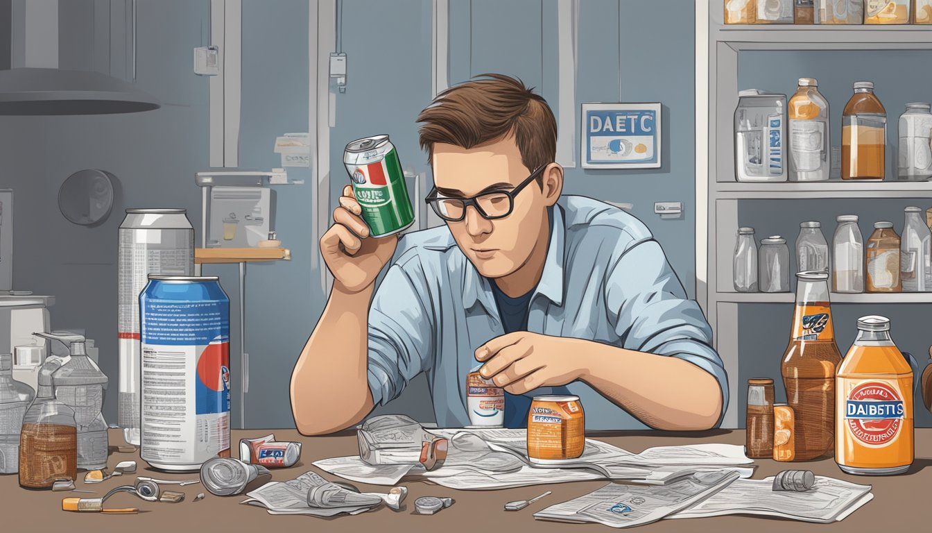 A diabetic cautiously examines a diet soda can, surrounded by conflicting articles and warning signs