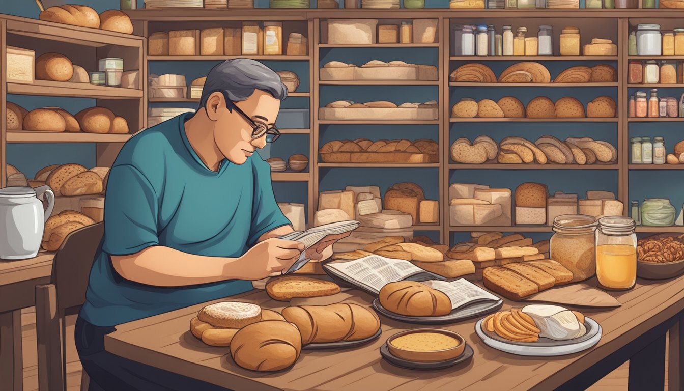 A diabetic sitting at a table with a variety of artisanal breads, examining them closely while surrounded by nutrition books and food labels