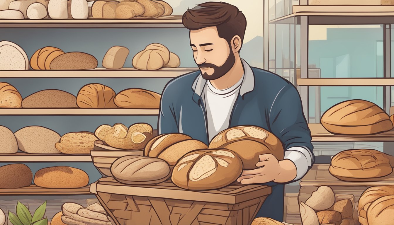 A diabetic person enjoying a variety of artisanal breads, including sourdough, whole grain, and multigrain, with a thoughtful expression on their face