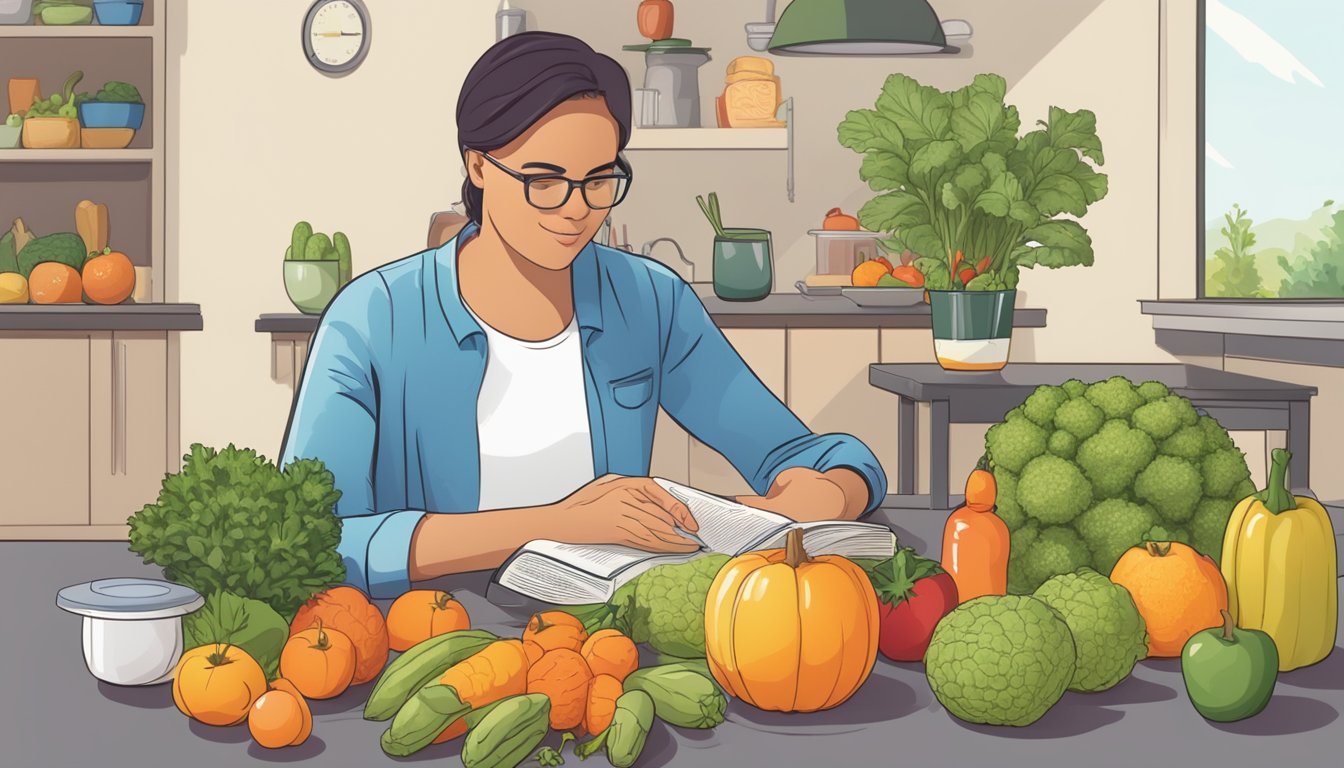 A person with diabetes sitting at a table, surrounded by fruits and vegetables, with an atemoya in front of them. They are reading a nutrition label and consulting a dietitian