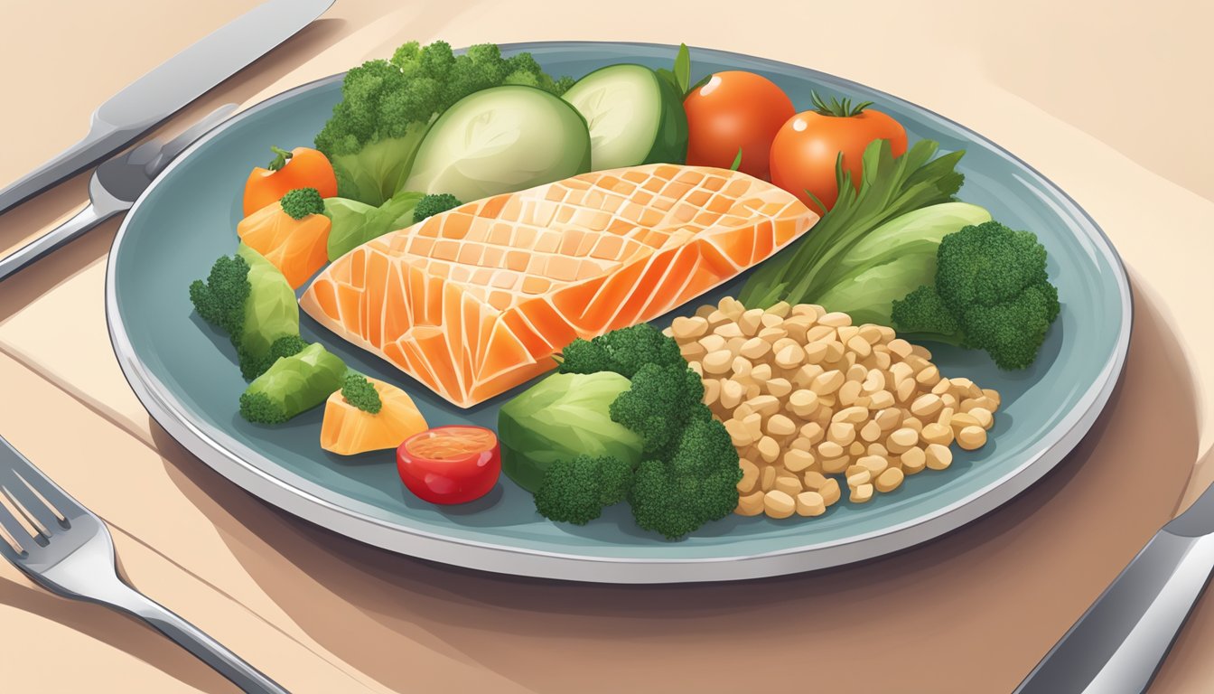 A diabetes-friendly plate with a balanced portion of atemoya, vegetables, and lean protein