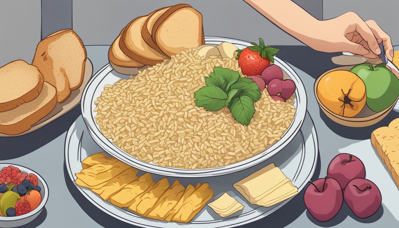 A plate of baldo rice surrounded by various carbohydrate sources like bread, pasta, and fruit. A diabetic person is carefully measuring their portion