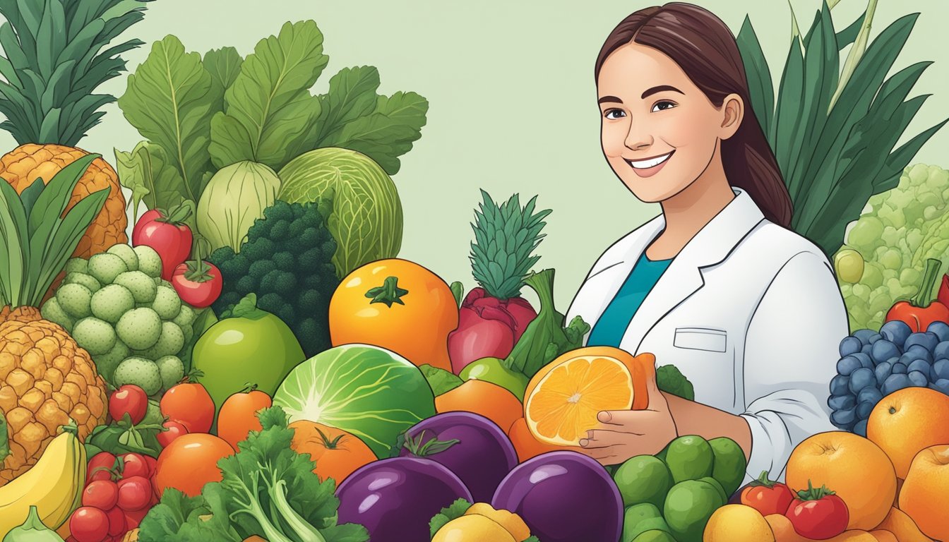 An atemoya surrounded by various fruits and vegetables, with a diabetic person smiling and reaching for it