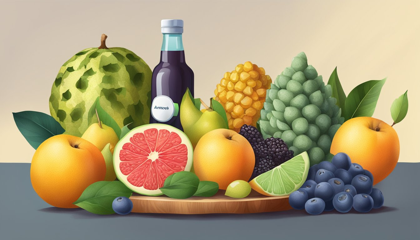 Atemoya surrounded by various fruits, with a diabetic-friendly label