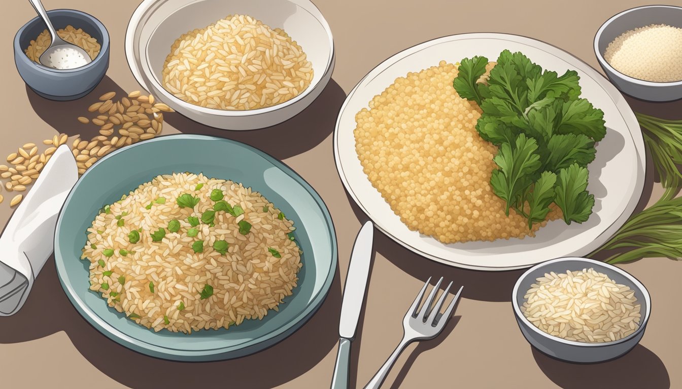 A table set with various rice alternatives such as quinoa, cauliflower rice, and barley, alongside a plate of baldo rice with a diabetic-friendly meal