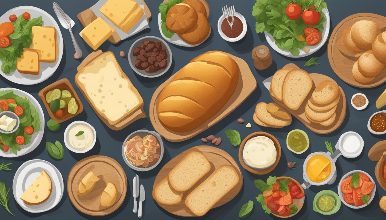 A table set with a variety of artisanal breads, surrounded by fresh ingredients like vegetables, cheese, and lean meats. A diabetic-friendly meal plan is laid out alongside the bread, indicating portion sizes and nutritional information