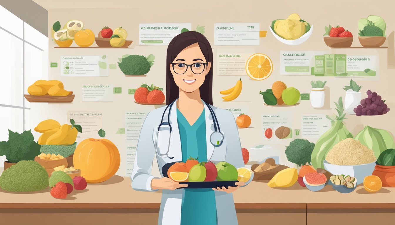 A dietician holding an atemoya fruit, surrounded by various food items, with a chart of diabetic-friendly foods on the wall