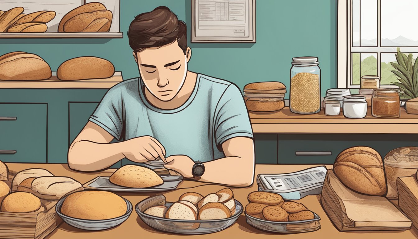 A diabetic sitting at a table, surrounded by various types of artisanal breads, with a concerned expression on their face while reading a nutrition label