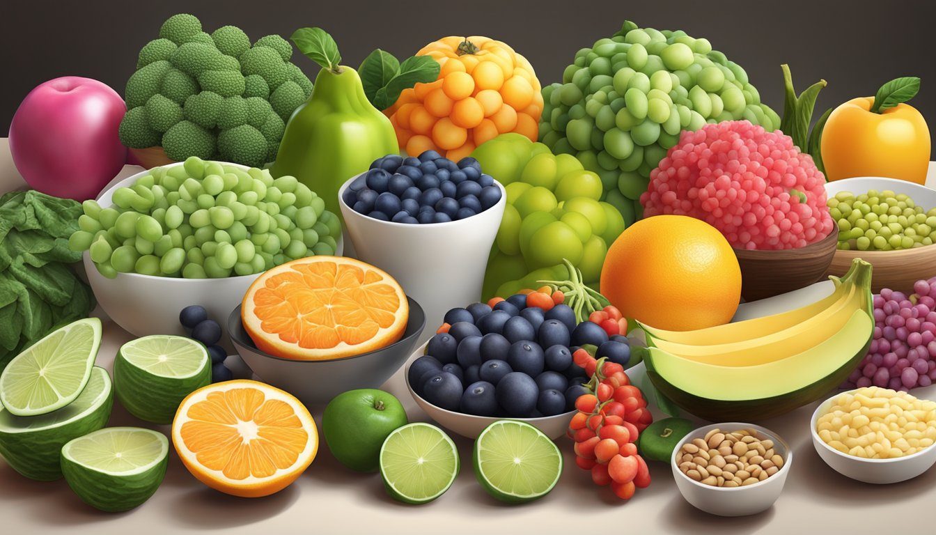 A colorful array of fresh atemoya fruit arranged on a table, accompanied by a variety of diabetes-friendly foods like vegetables and lean proteins