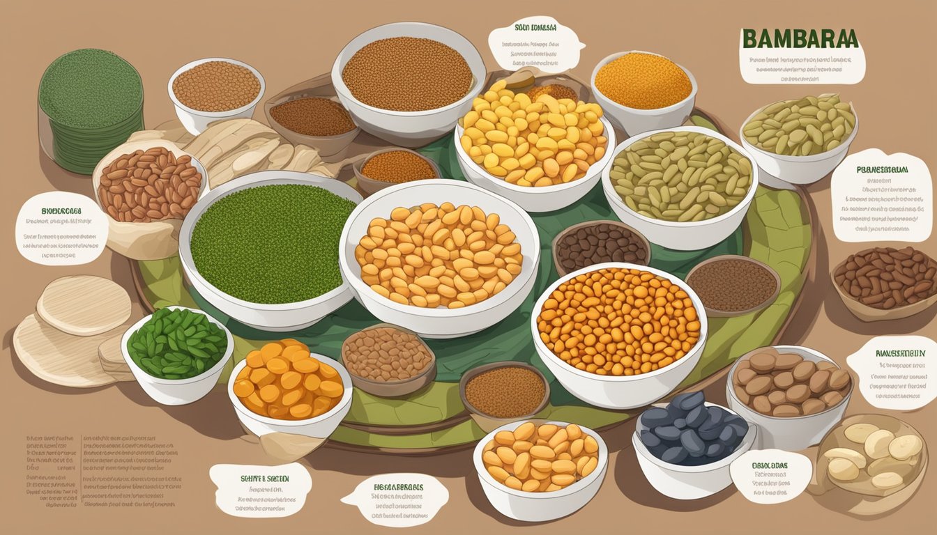 A plate of bambara beans surrounded by various diabetic-friendly foods, with a nutritional chart in the background