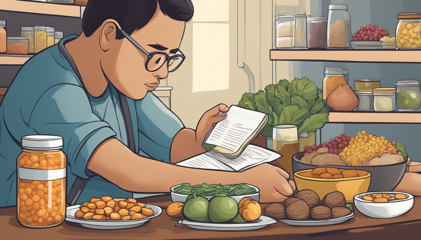 A diabetic person sitting at a table, surrounded by various food items including bagoong, while reading a nutrition label and looking concerned