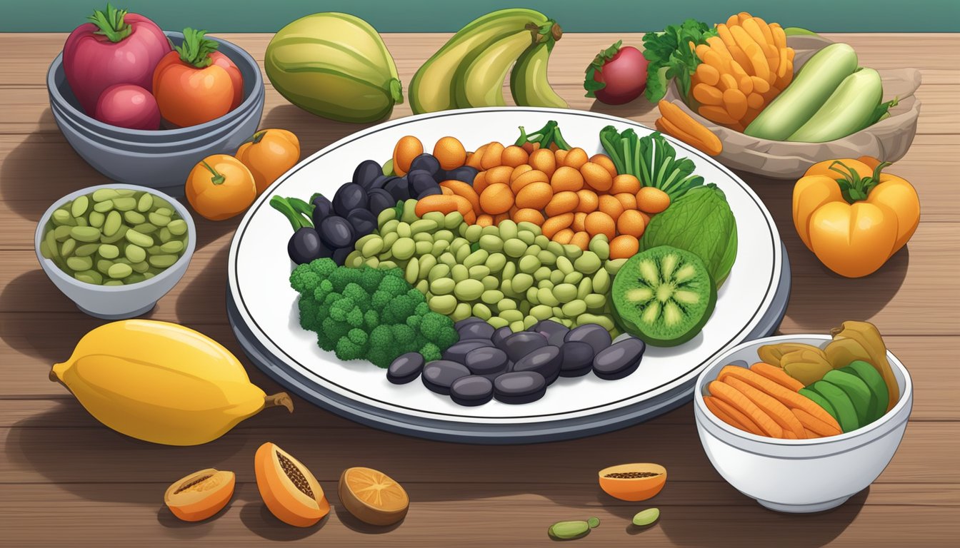 A plate of bambara beans surrounded by a variety of fruits and vegetables, with a nutrition label and a list of dietary restrictions in the background