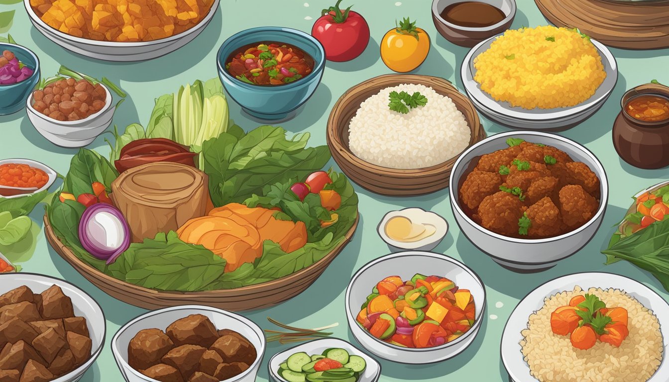 A table set with a variety of Filipino dishes, including bagoong, surrounded by colorful ingredients like vegetables and rice