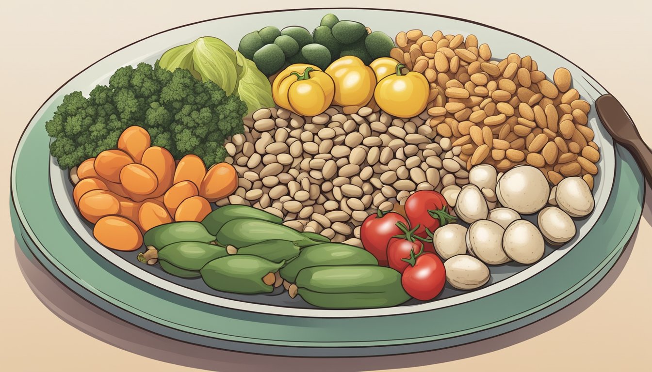 A plate of bambara beans, alongside a variety of diabetic-friendly foods like vegetables, fruits, and lean proteins, with a dietary chart in the background