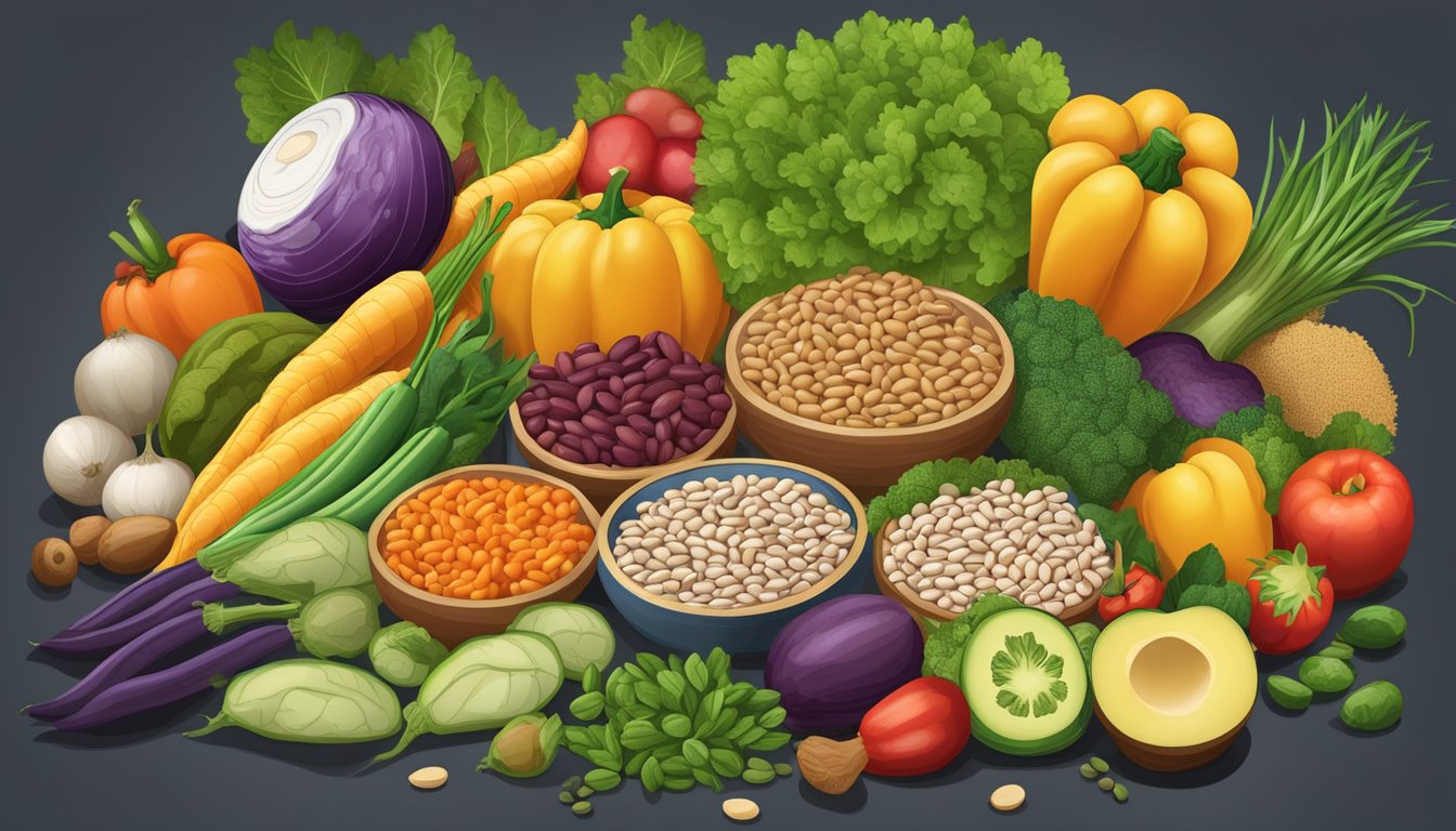 A plate of bambara beans surrounded by a variety of colorful vegetables and fruits, with a nutritional chart displayed next to it