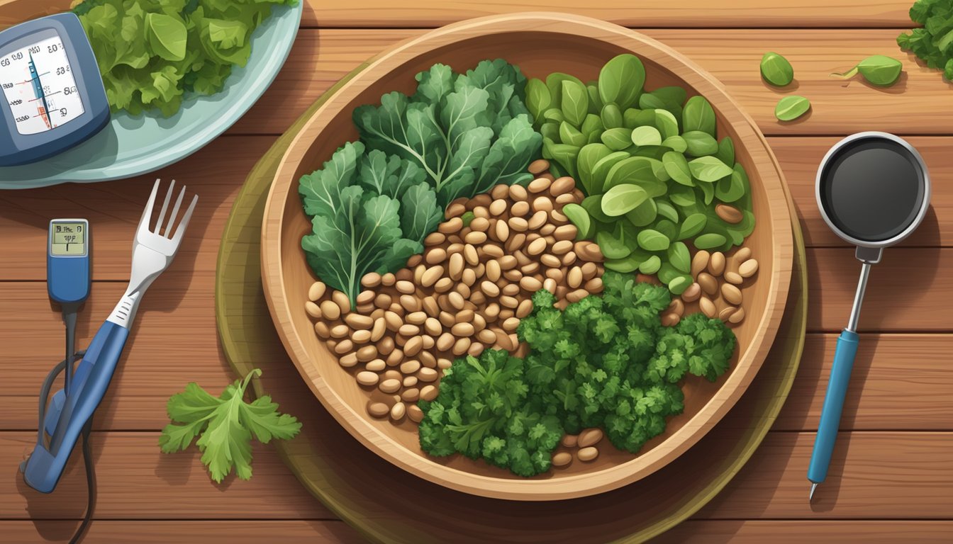 A colorful plate of bambara beans, leafy greens, and lean protein on a wooden table, with a measuring tape and a blood glucose monitor in the background