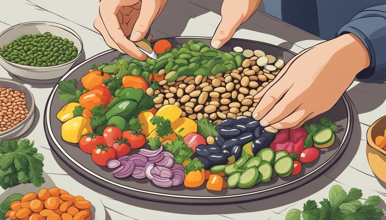 A diabetic person enjoying a colorful plate of bambara beans with various vegetables and herbs, showcasing the diverse benefits beyond blood sugar control