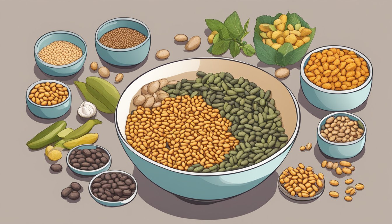 A diabetic person carefully examining a bowl of bambara beans, surrounded by various food items and a nutrition label