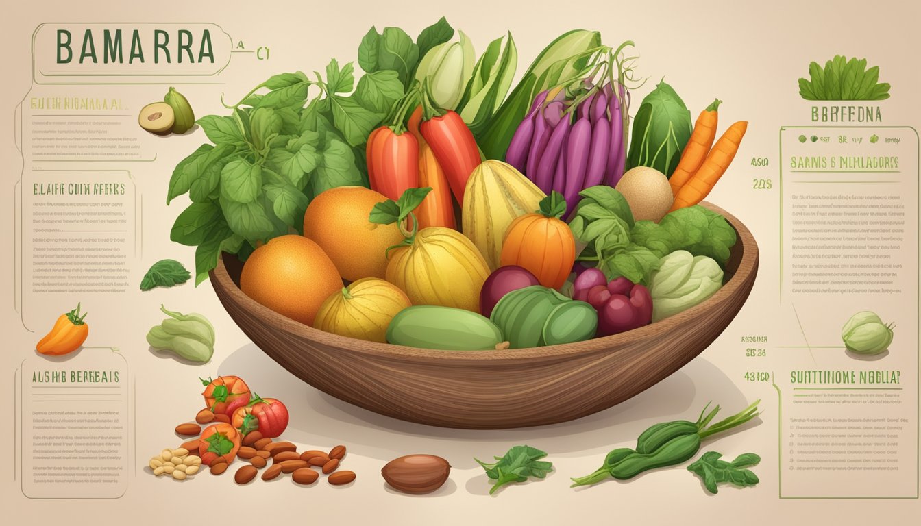 A colorful array of bambara beans, surrounded by various fruits and vegetables, with a nutritional chart and health benefits listed in the background