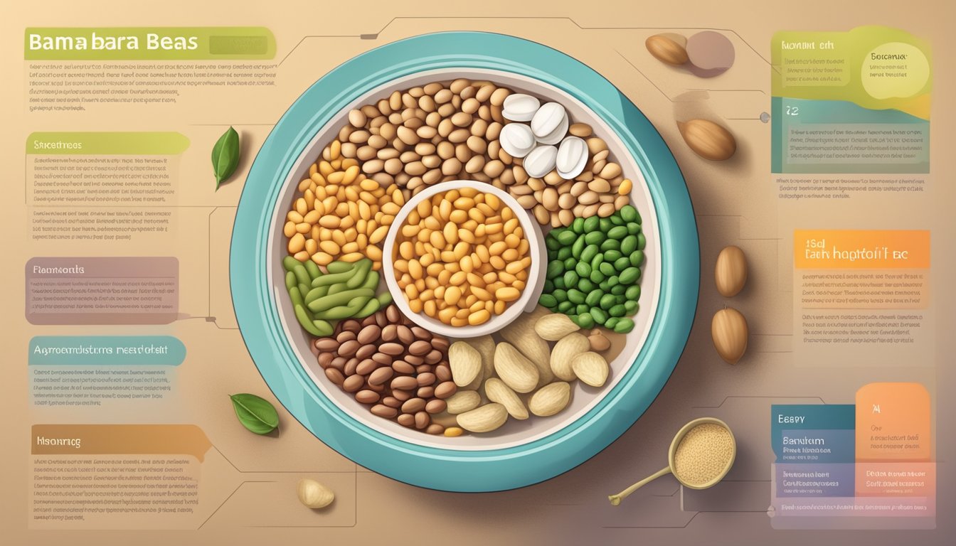 A colorful plate with a variety of foods, including bambara beans, surrounded by nutritional information and health benefits