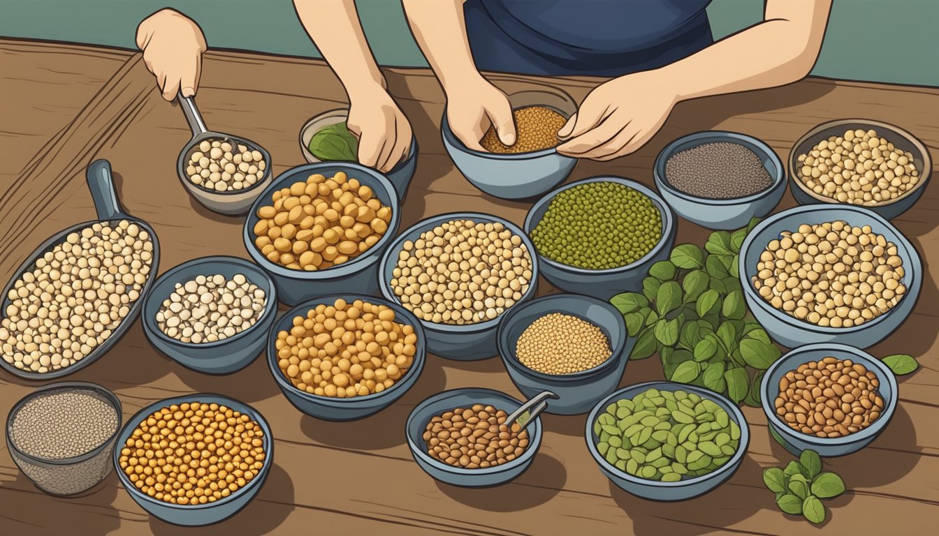 A table with various legumes - soybeans, chickpeas, and bambara beans. A diabetic person carefully examines each type, comparing their nutritional values