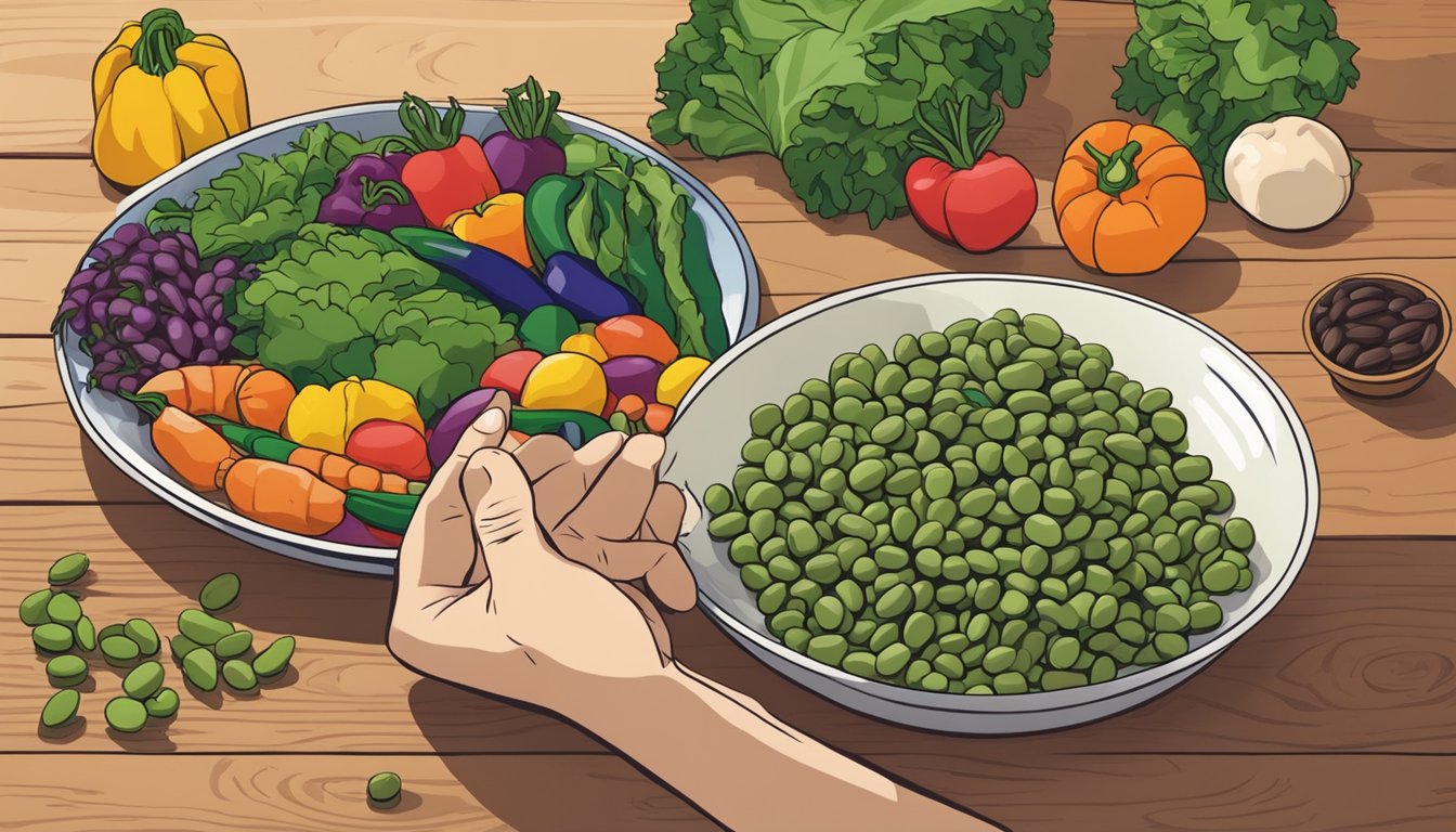 A plate of colorful vegetables and a bowl of bambara beans on a wooden table. A person's hand reaches for the beans