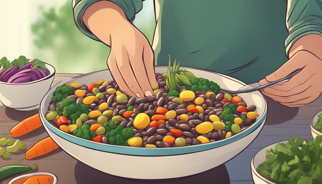 A diabetic person enjoying a bowl of cooked bambara beans with a variety of colorful vegetables and herbs as a nutritious and satisfying meal option