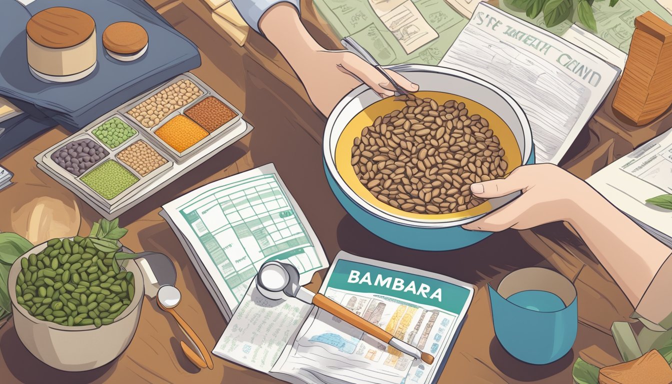 A diabetic person carefully examining a bowl of bambara beans, surrounded by various nutritional charts and health-related books