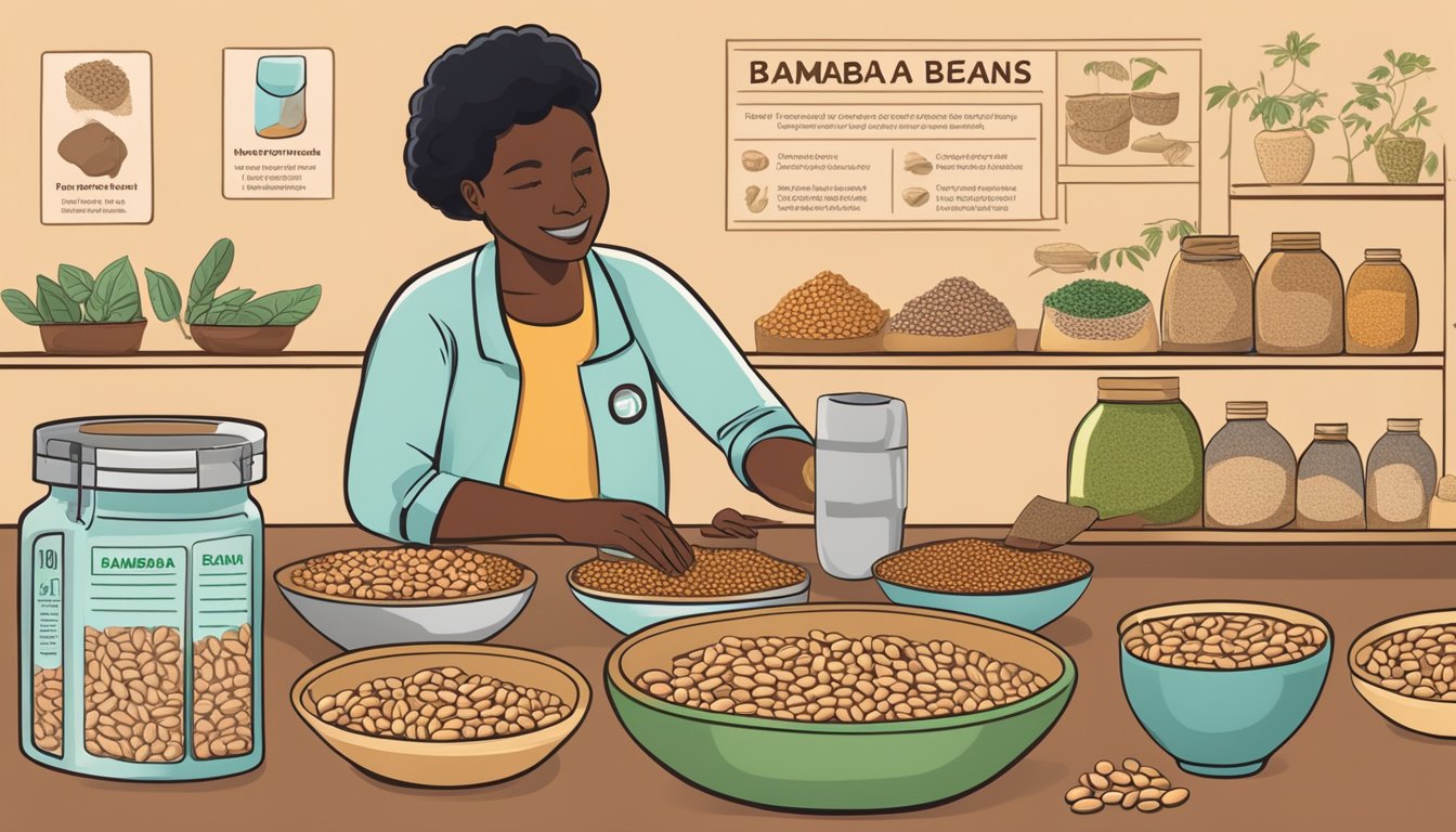 A person with diabetes selects and stores bambara beans, with nutritional facts and health benefits displayed nearby