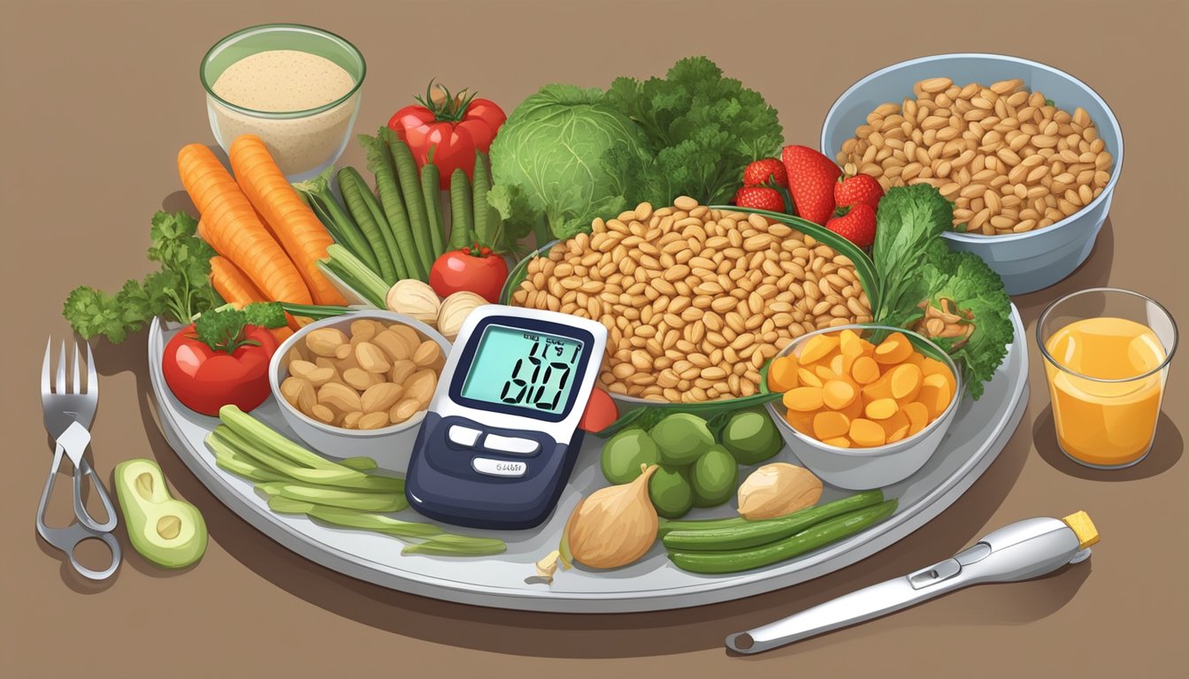 A colorful plate with a variety of foods, including bambara groundnut, vegetables, and lean protein, surrounded by a measuring tape and a blood glucose monitor