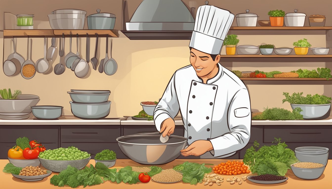 A diabetic-friendly chef preparing a colorful and nutritious dish with bambara groundnut, surrounded by fresh vegetables and aromatic herbs