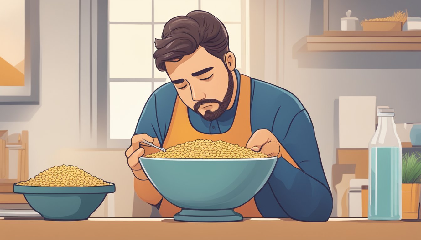 A person with diabetes examining a bowl of barley with a concerned expression