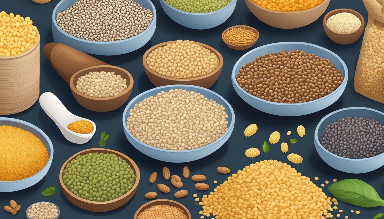 A colorful array of alternative grains like barley, quinoa, and buckwheat, with a variety of diabetic-friendly food options surrounding them