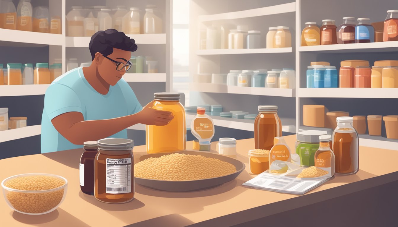 A person with diabetes holding a jar of barley malt syrup while looking at a nutrition label and various food items