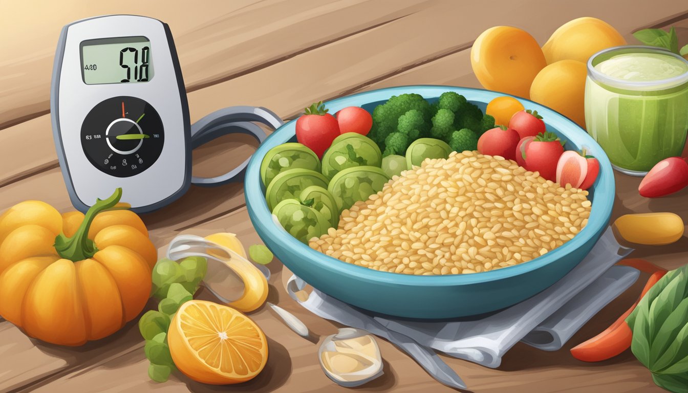 A bowl of cooked barley surrounded by colorful fruits and vegetables, with a measuring tape and a blood glucose monitor nearby