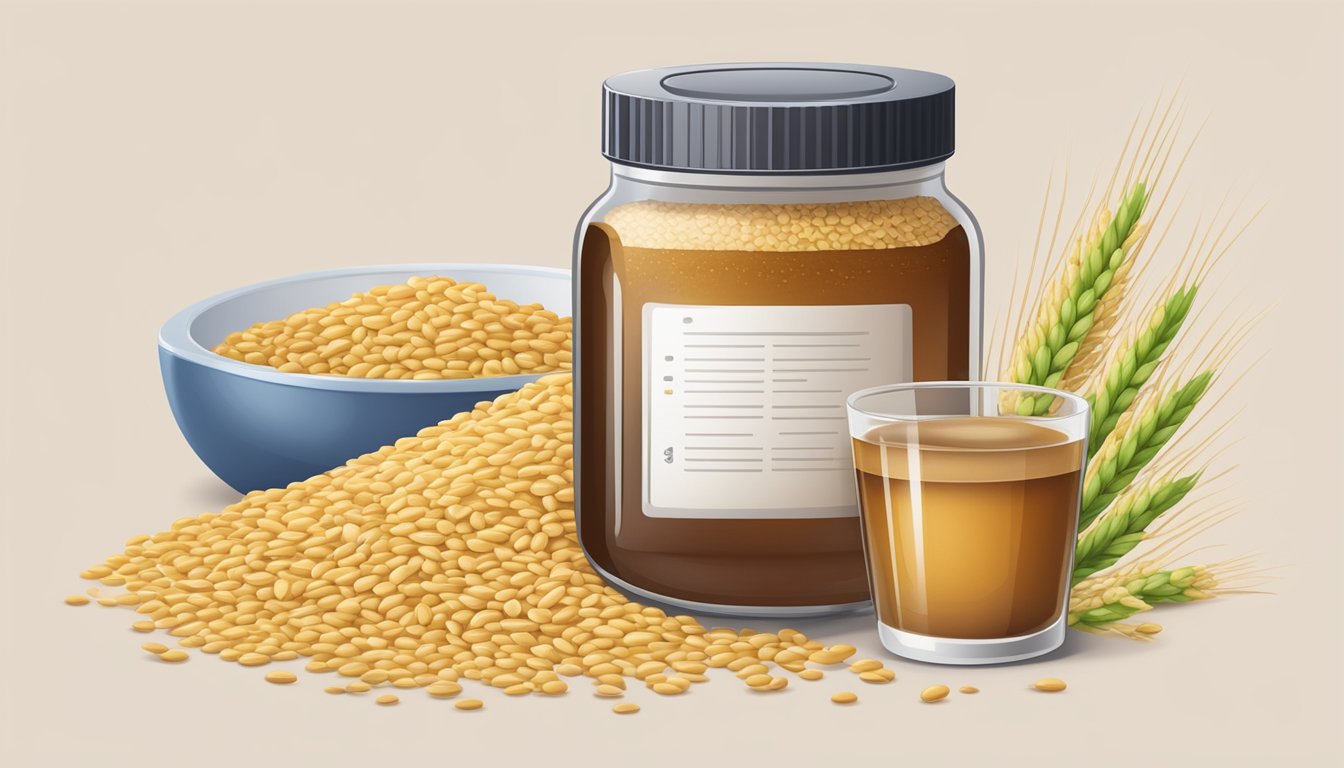 A jar of barley malt syrup surrounded by various grains and a blood sugar monitor