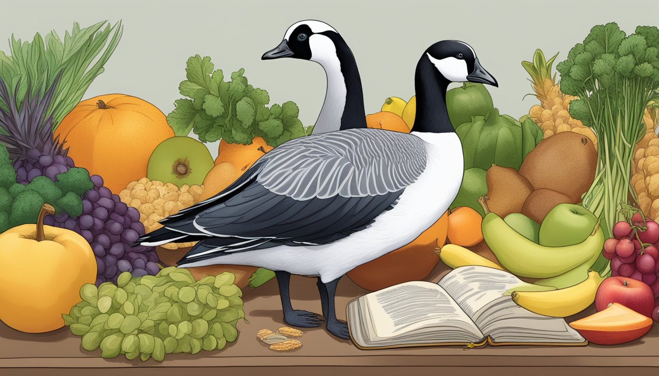 A barnacle goose waddles near a pile of fruits, vegetables, and whole grains, while a person reads a book titled "Understanding Diabetes and Nutritional Needs."