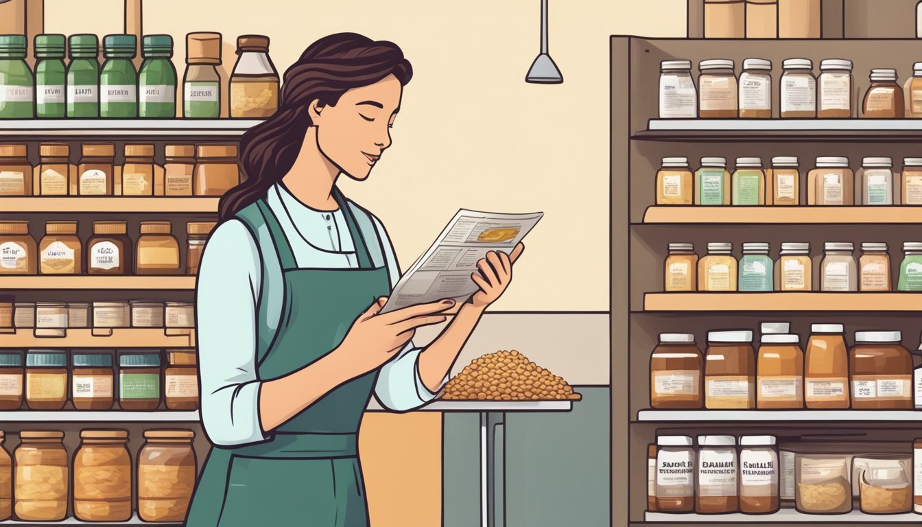 A dietician reading nutritional guidelines with a jar of barley malt syrup and a food label in hand