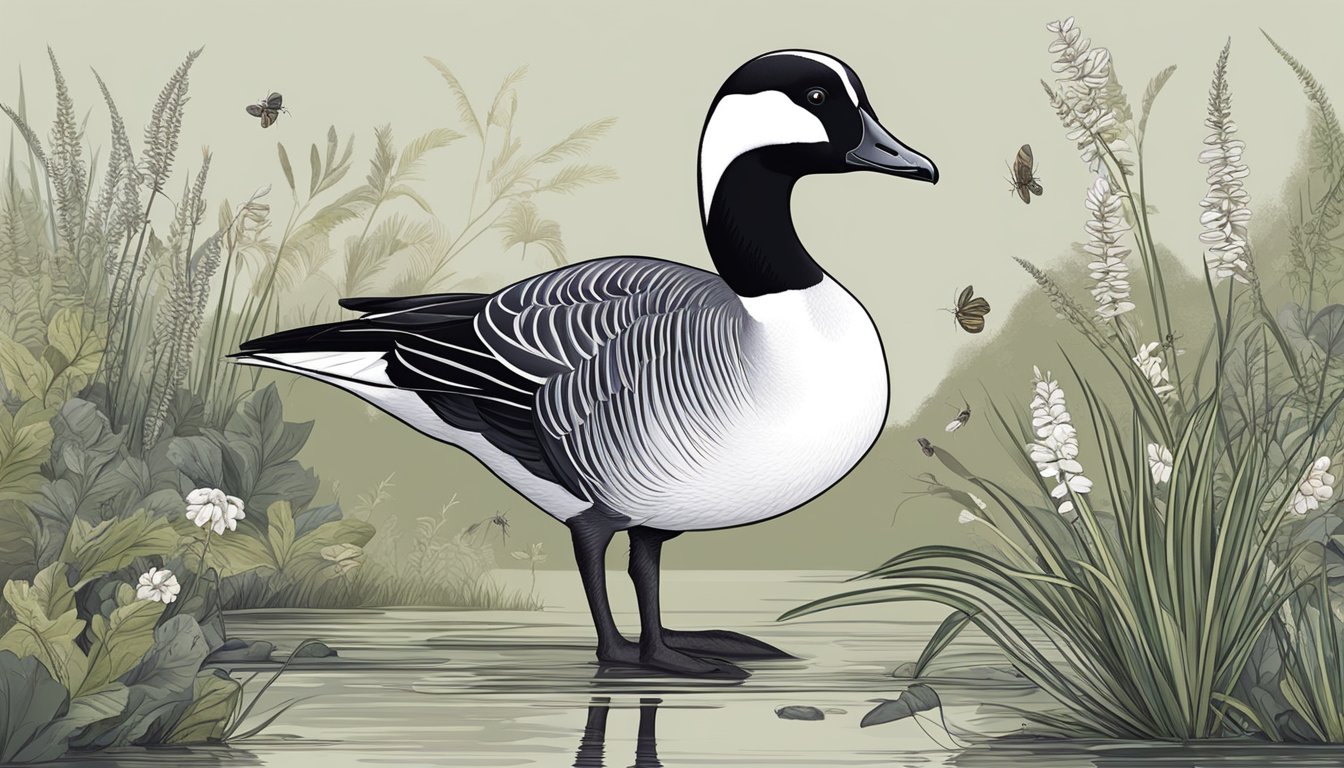 A barnacle goose stands on a grassy shore, surrounded by various plants and insects. Its feathers are sleek and its beak is pointed