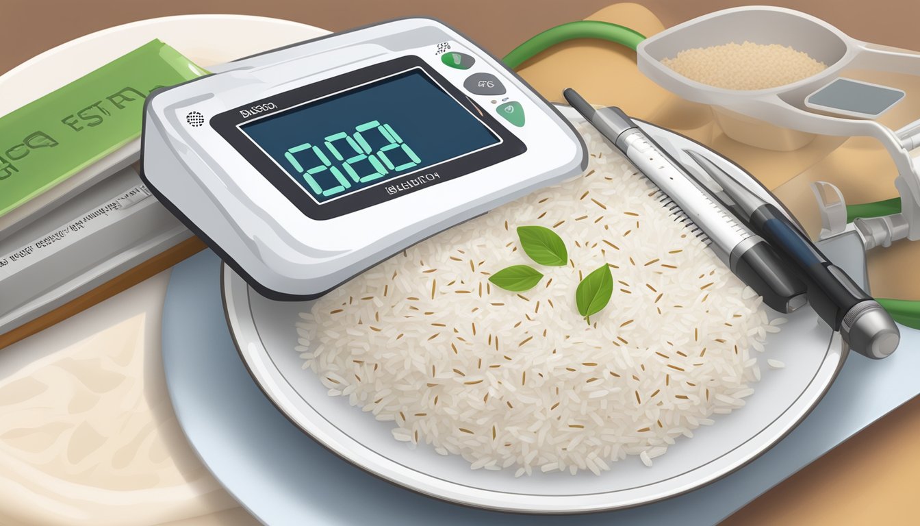 A plate of basmati rice next to a blood sugar monitor, with a diabetic education book in the background