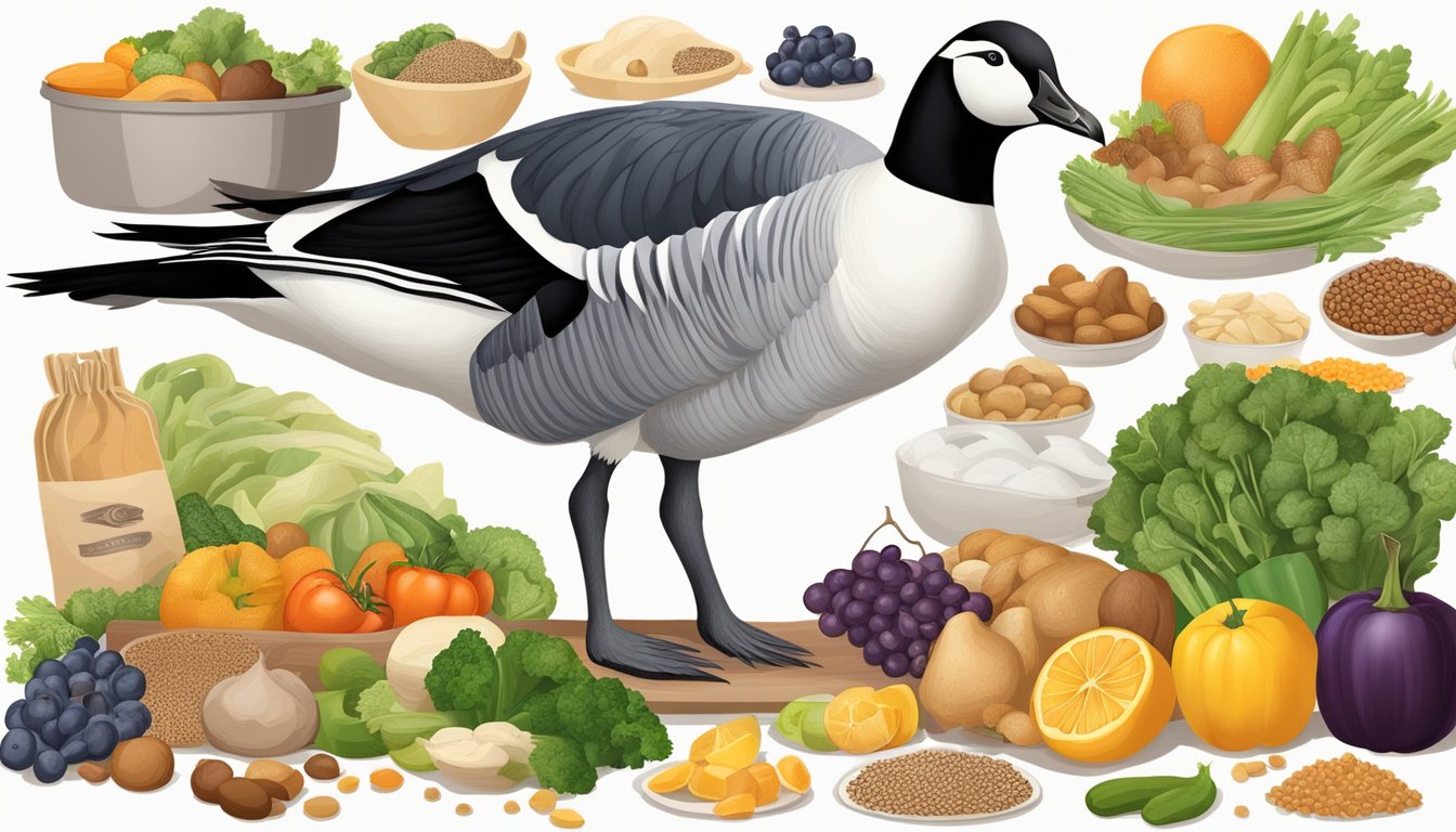 A barnacle goose surrounded by a variety of recommended foods for diabetics, such as vegetables, fruits, lean proteins, and whole grains