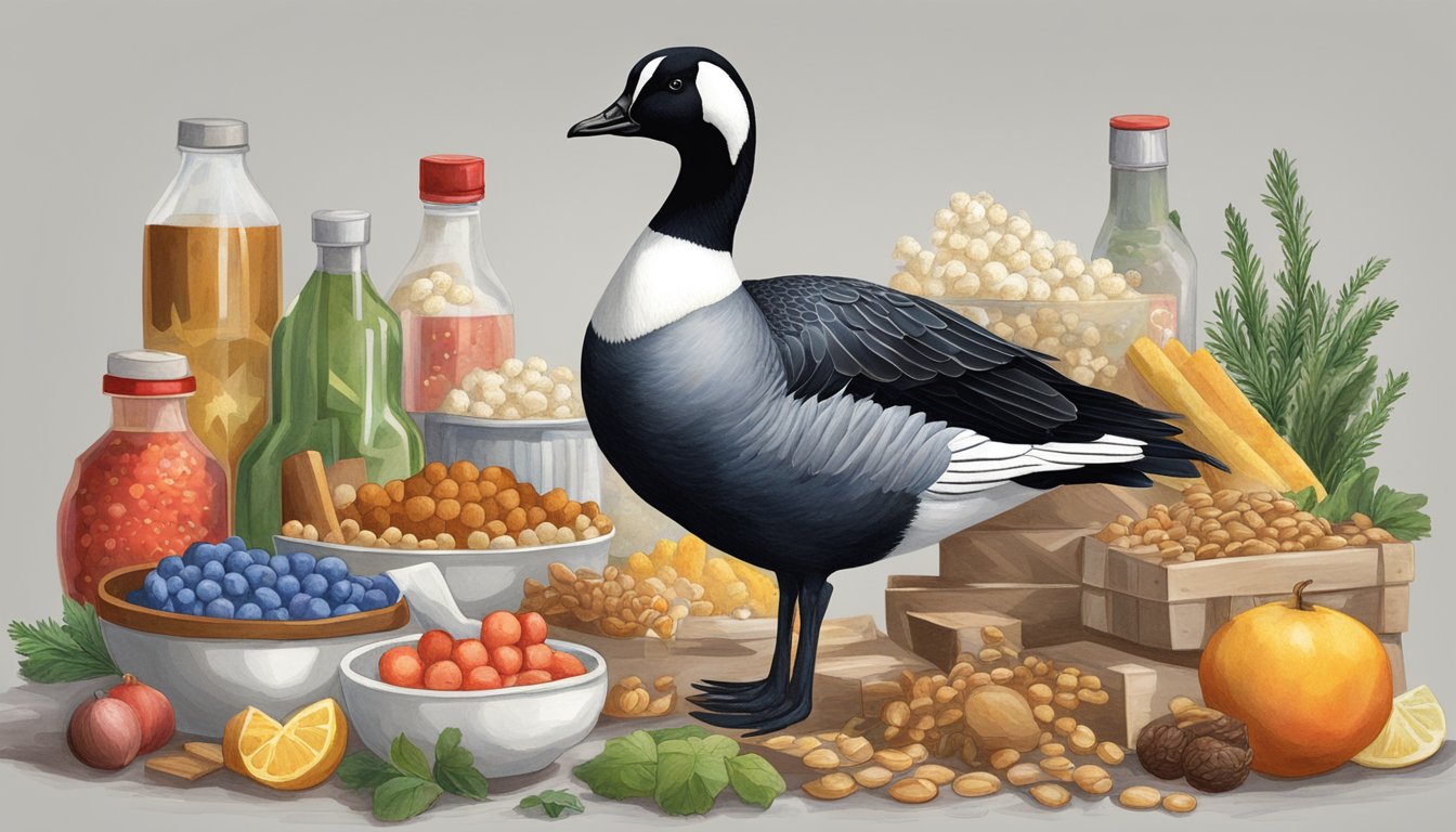 A barnacle goose surrounded by forbidden foods and additives, with a red "X" over each item