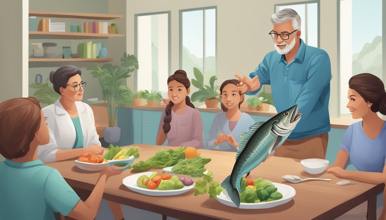 A dietician holding a barracuda while discussing diabetes and diet with a group of people