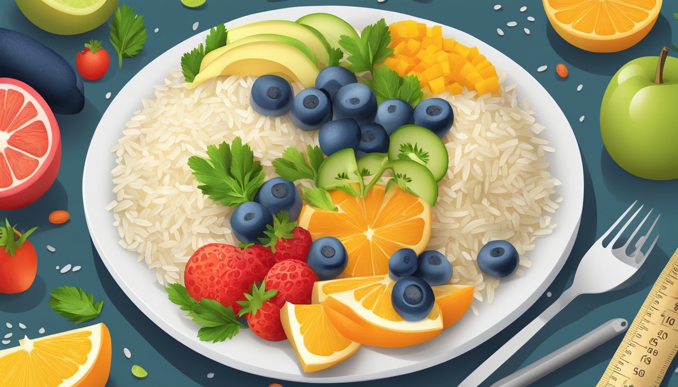 A plate of basmati rice surrounded by a variety of colorful fruits and vegetables, with a measuring cup and a blood glucose monitor nearby