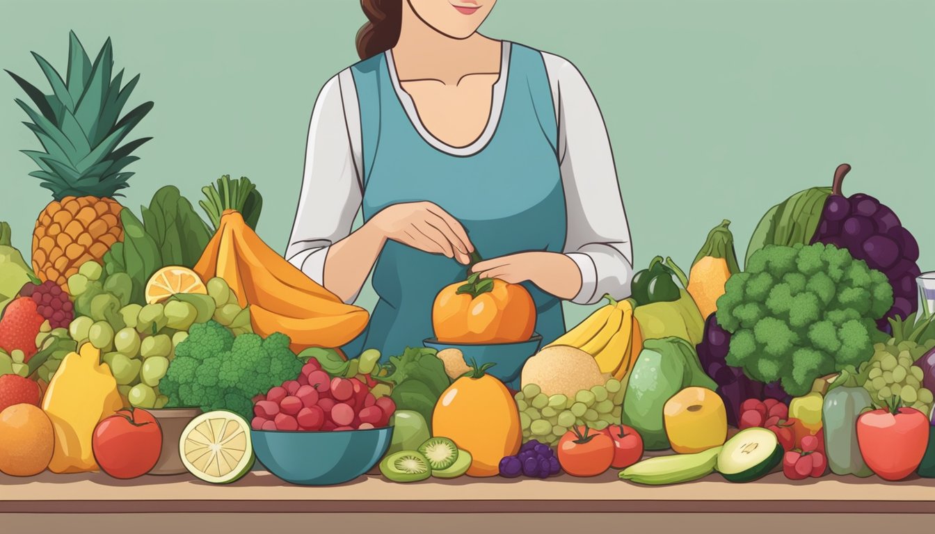 A dietician arranging a colorful array of fruits, vegetables, lean proteins, and whole grains on a table