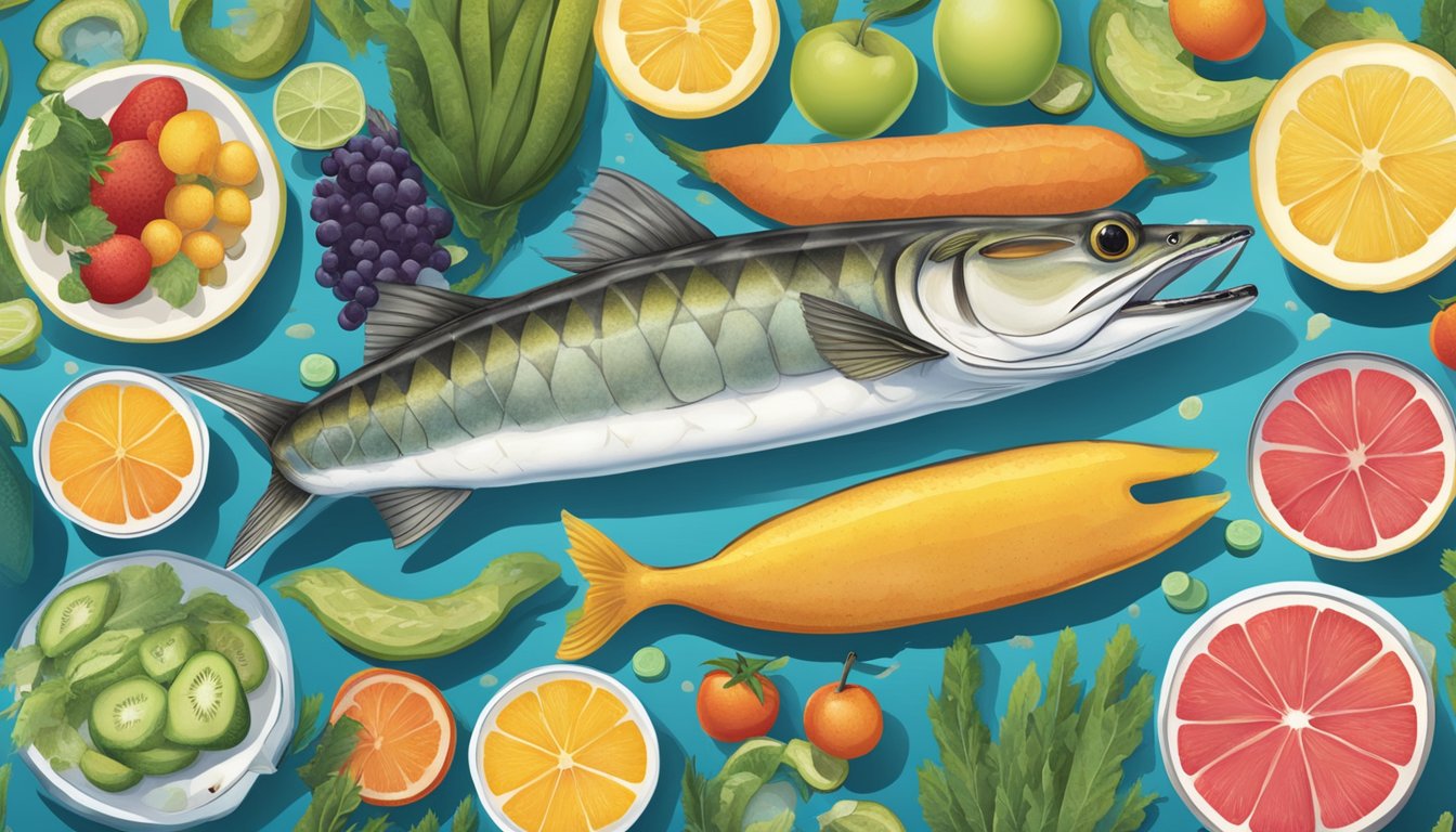 A barracuda swims near a variety of foods, including fruits, vegetables, and a glucose meter