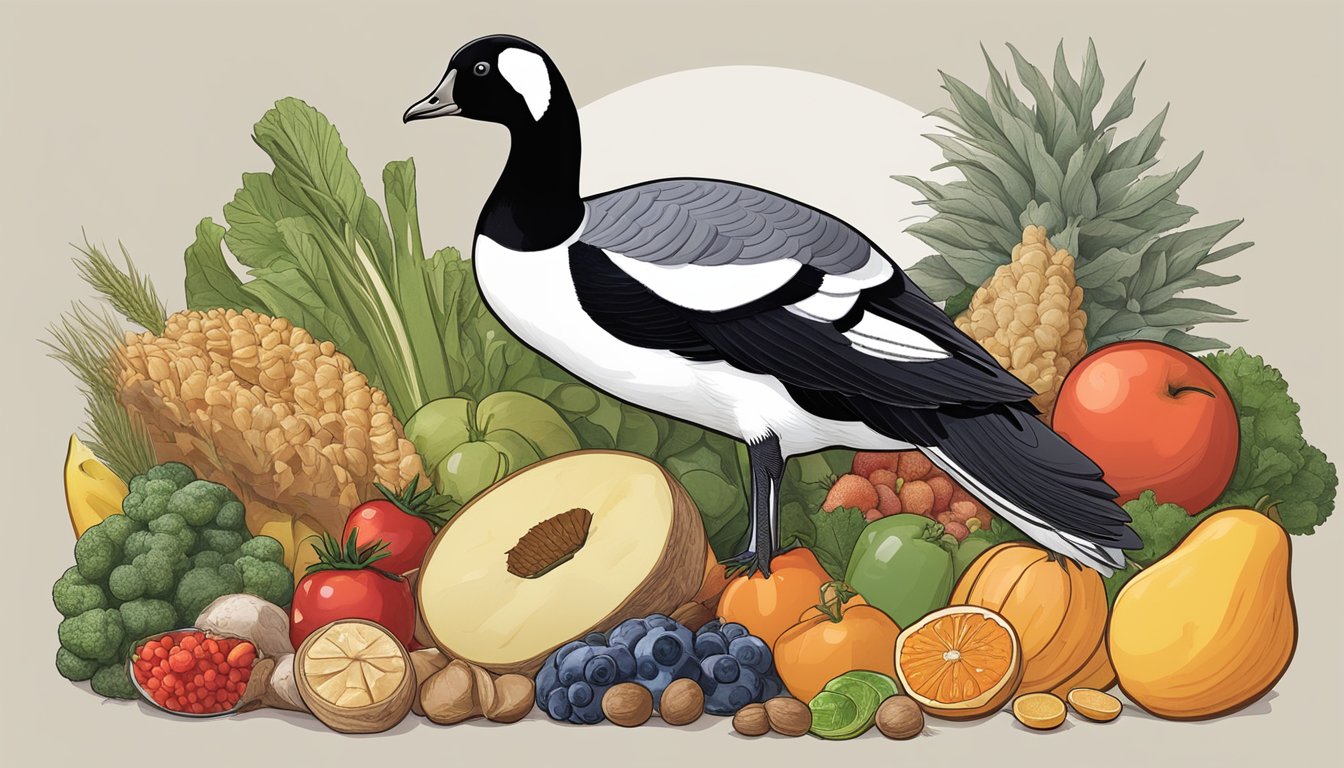 A barnacle goose stands next to a variety of foods, including fruits, vegetables, and grains. A red circle with a line through it is placed over high-sugar items