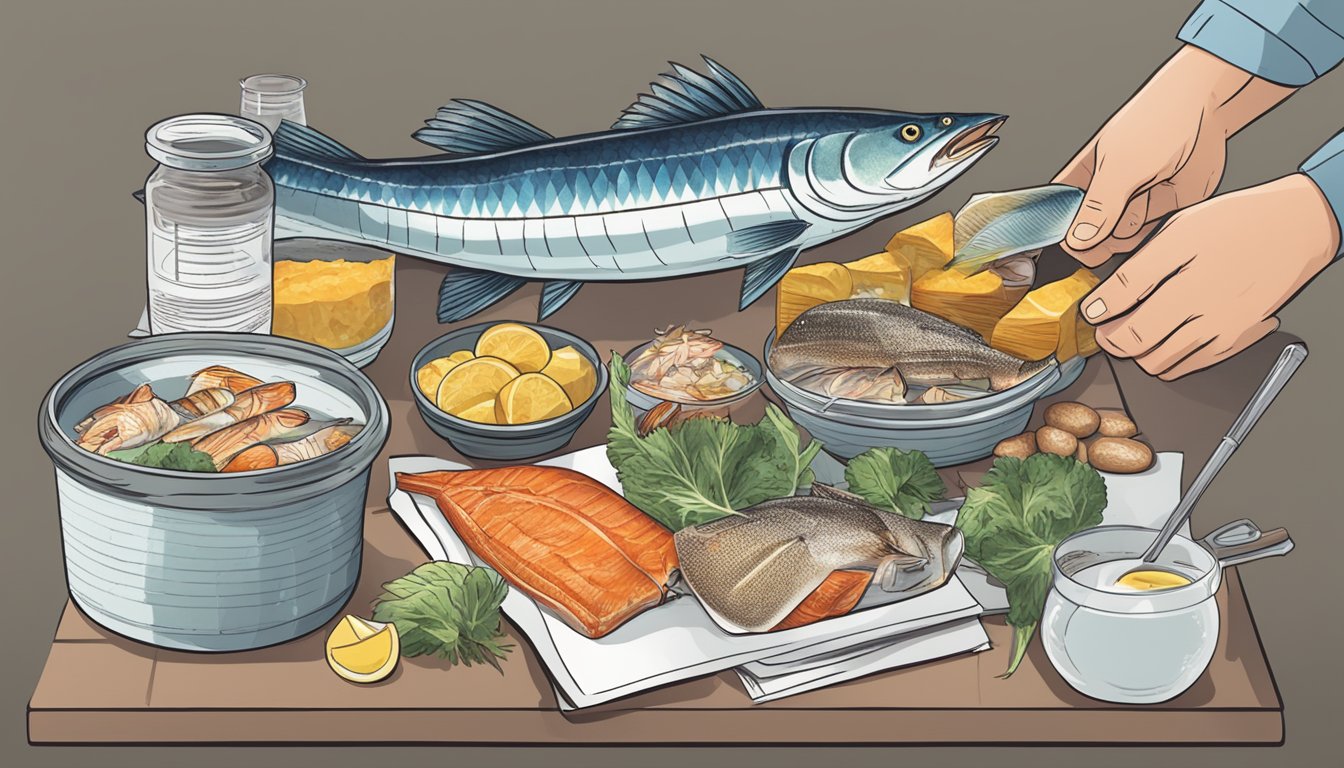 A diabetic person holding a cooked barracuda and a variety of fish while reading a safe fish consumption guide