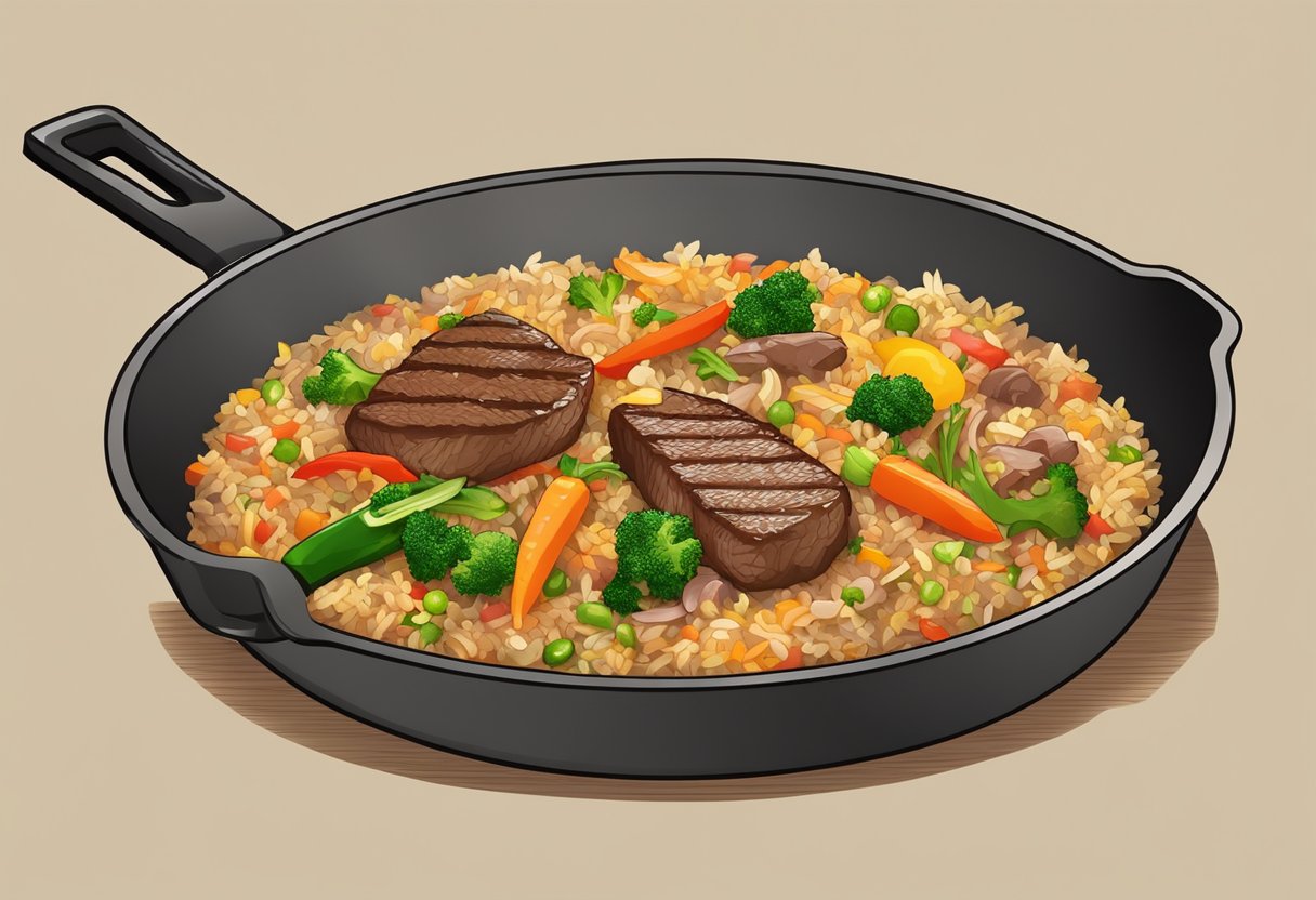 A sizzling skillet of steak fried rice, with colorful vegetables and savory chunks of meat, steaming and ready to be served